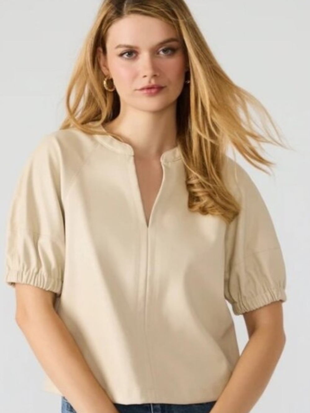 Steve Madden Cream Split-Neck Puff Sleeve Top